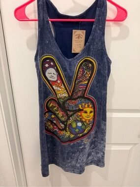 Boho Peace Graphic Tank Dress - Navy